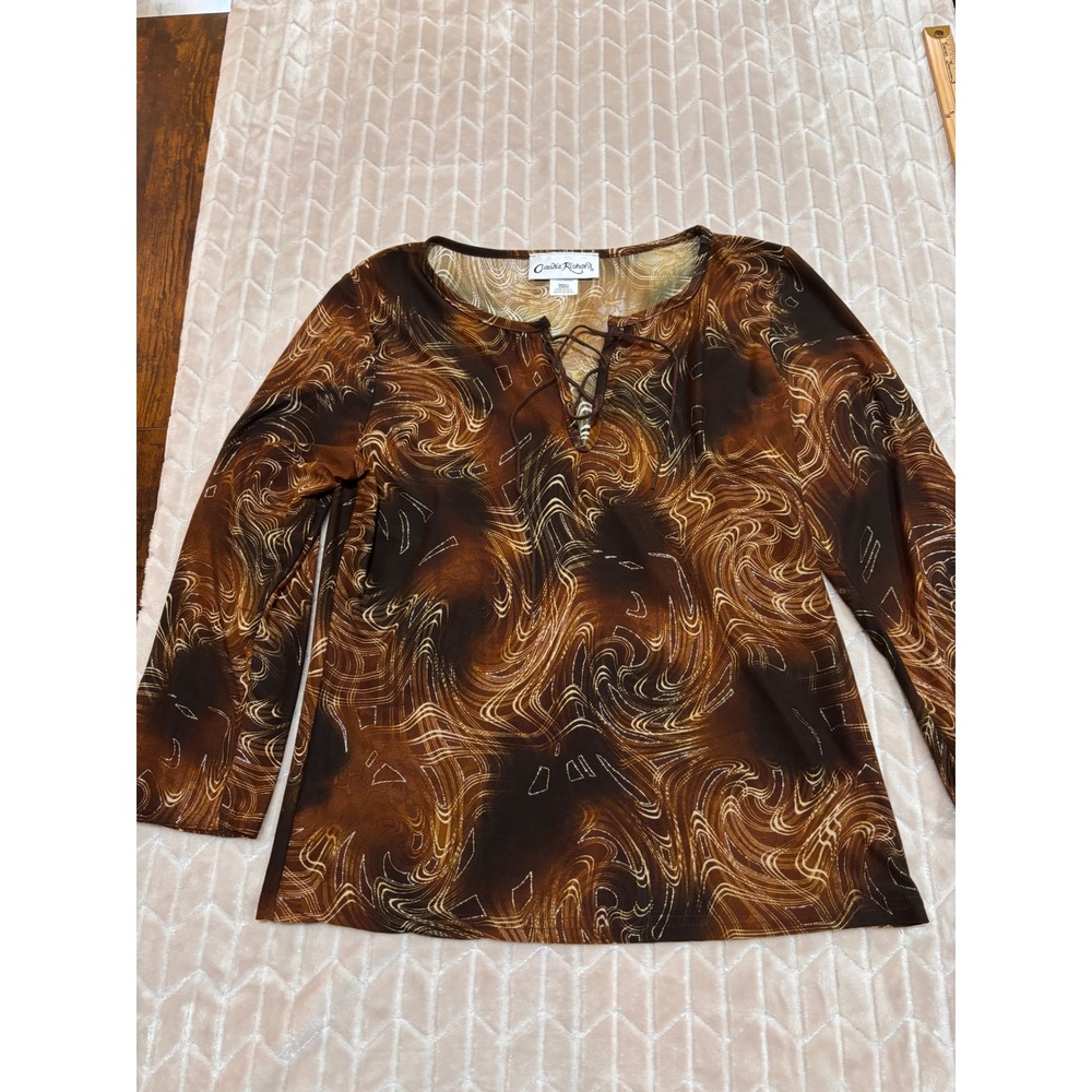 VTG 90s Claudia Richard Top Small Brown Swirl Y2K Whimsigoth Boho Lace Up Sleeve